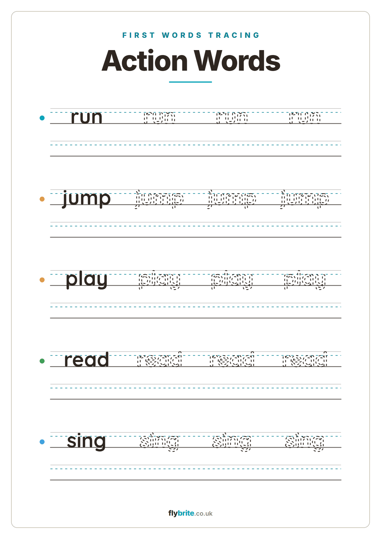 Action Words printable preview