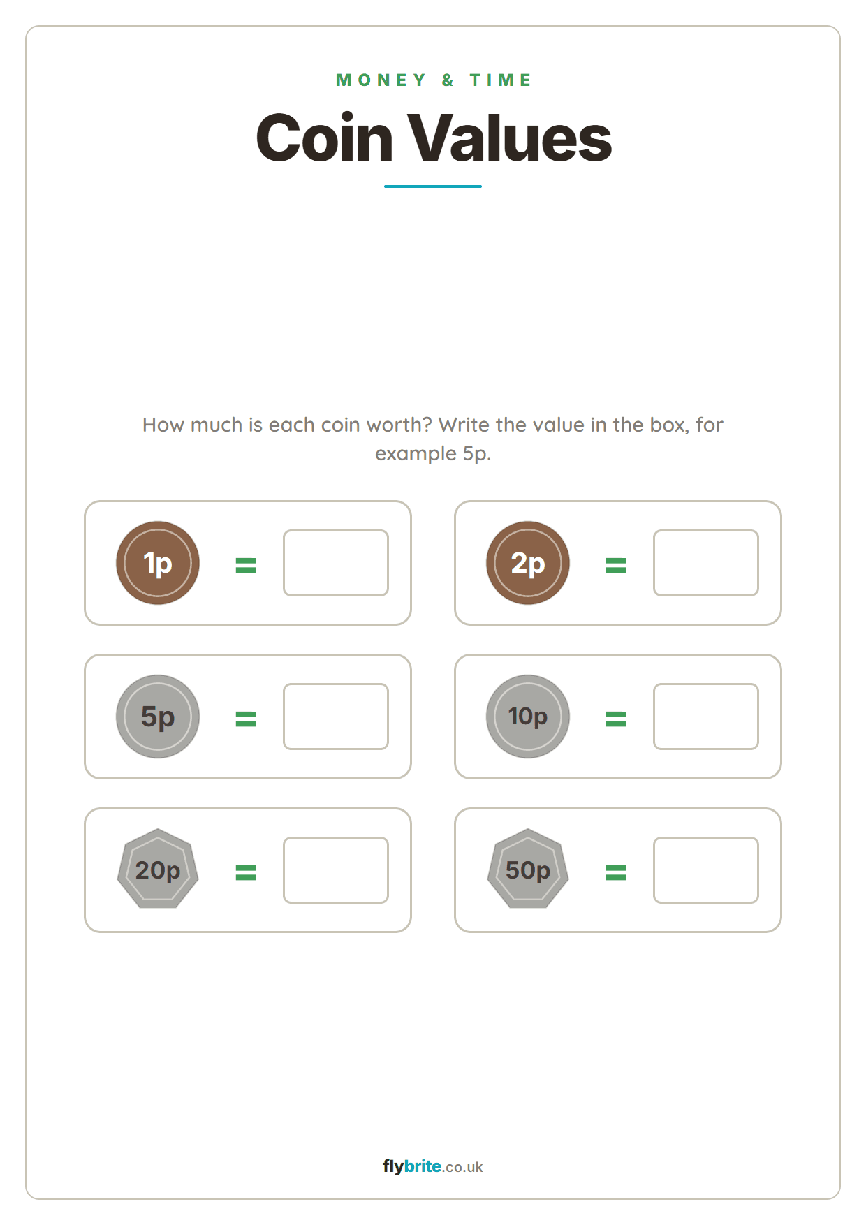 Coin Values printable preview