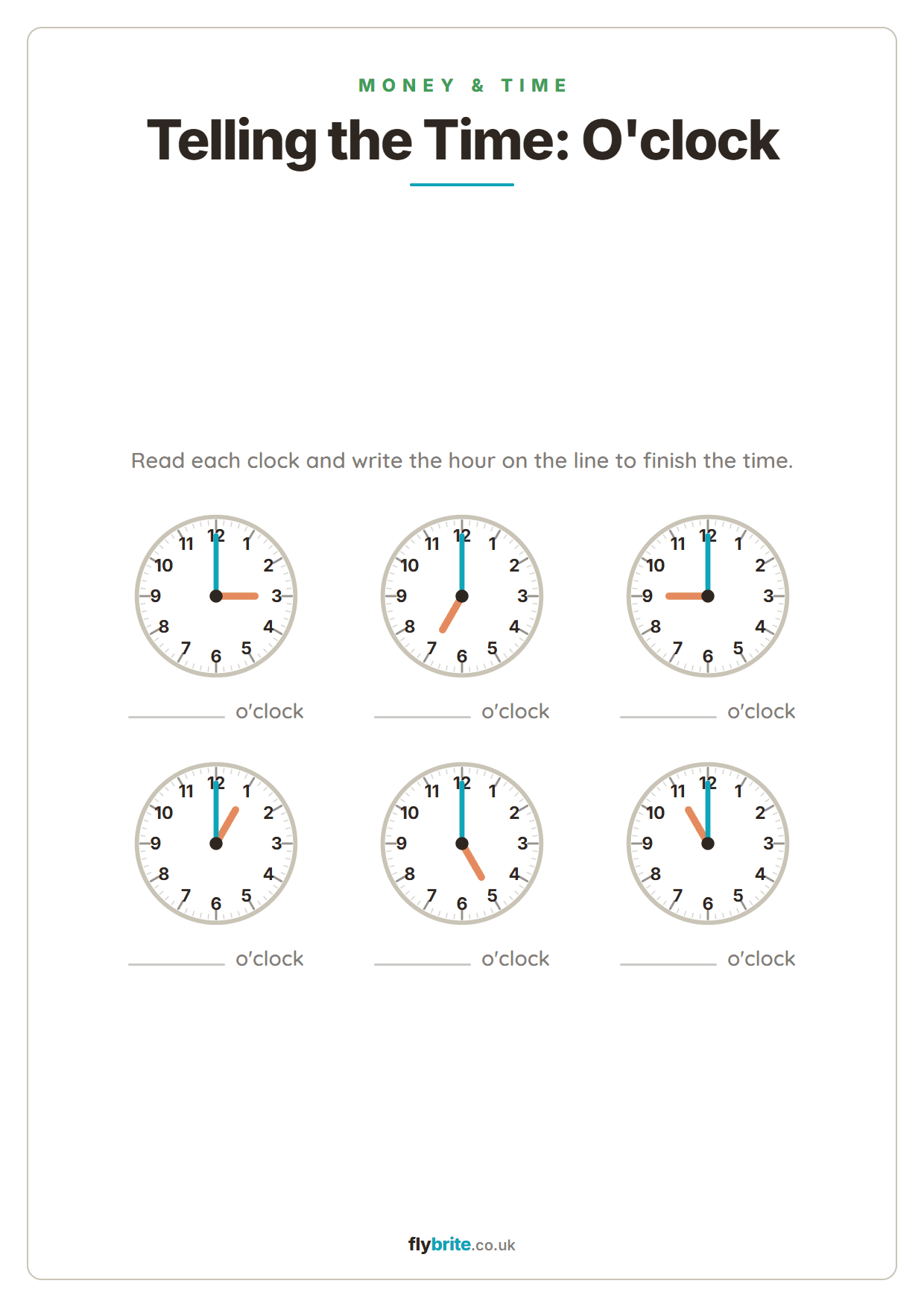 Telling the Time: O'clock printable preview