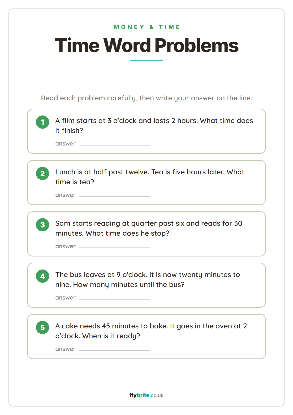 Time Word Problems printable preview