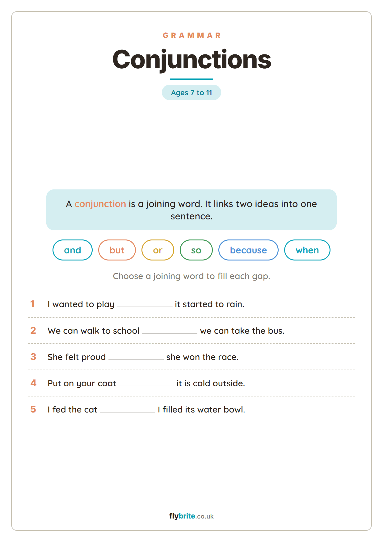 Conjunctions printable preview
