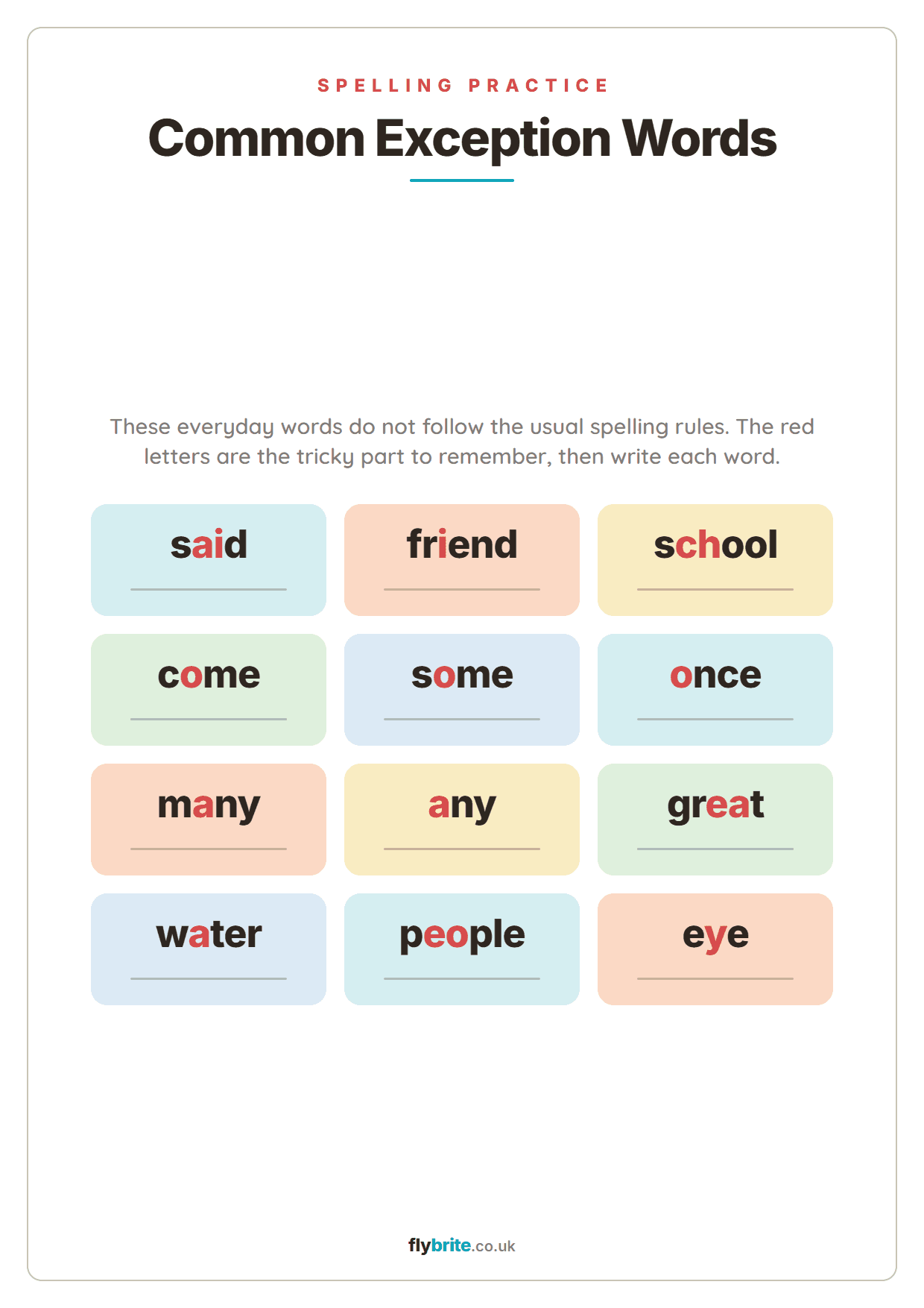 Common Exception Words printable preview