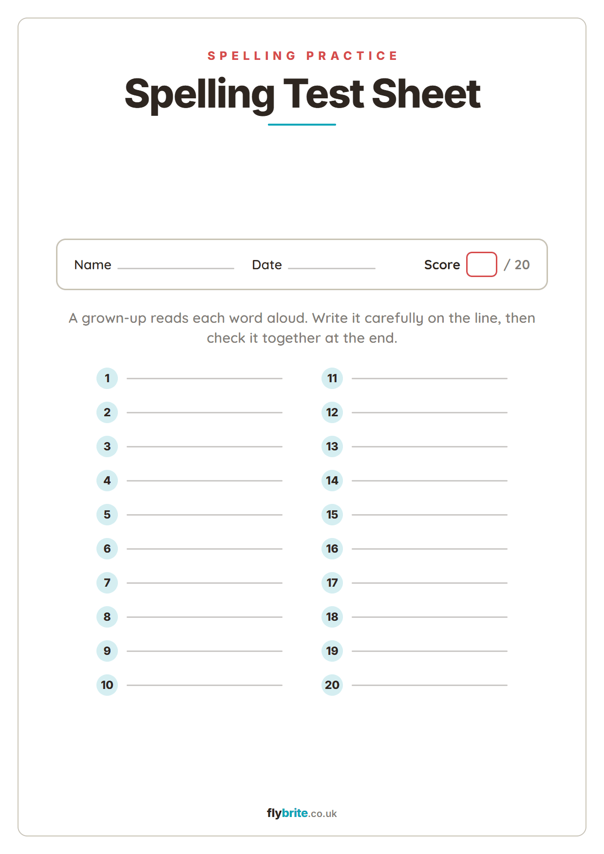 Spelling Test Sheet printable preview