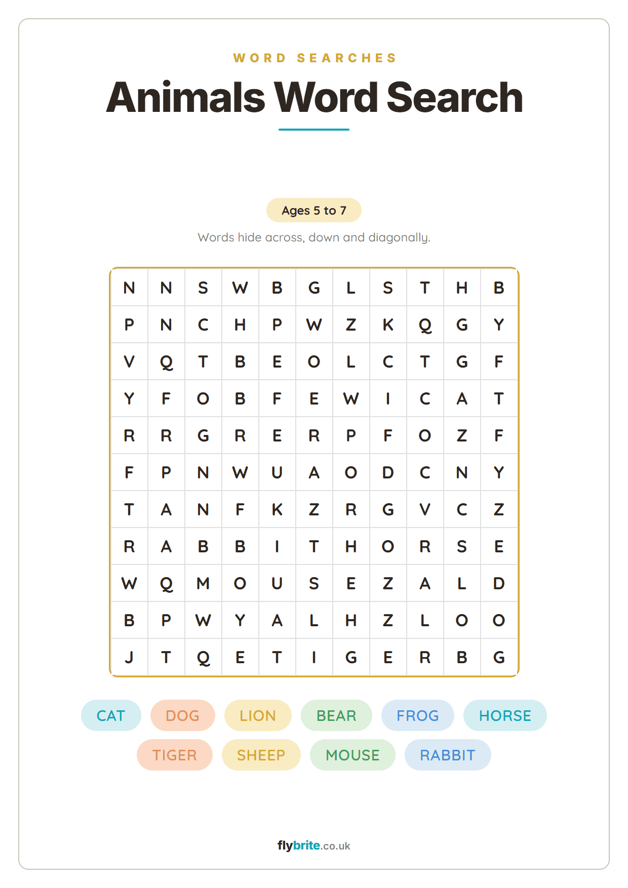 Animals Word Search printable preview