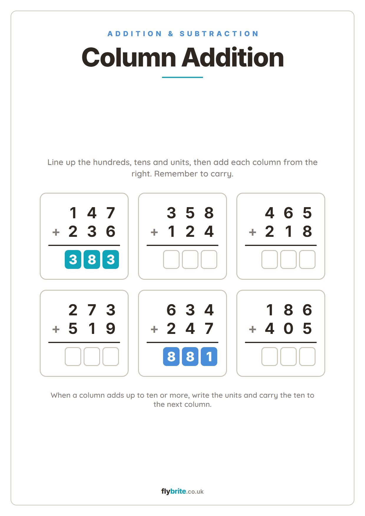Column Addition printable preview