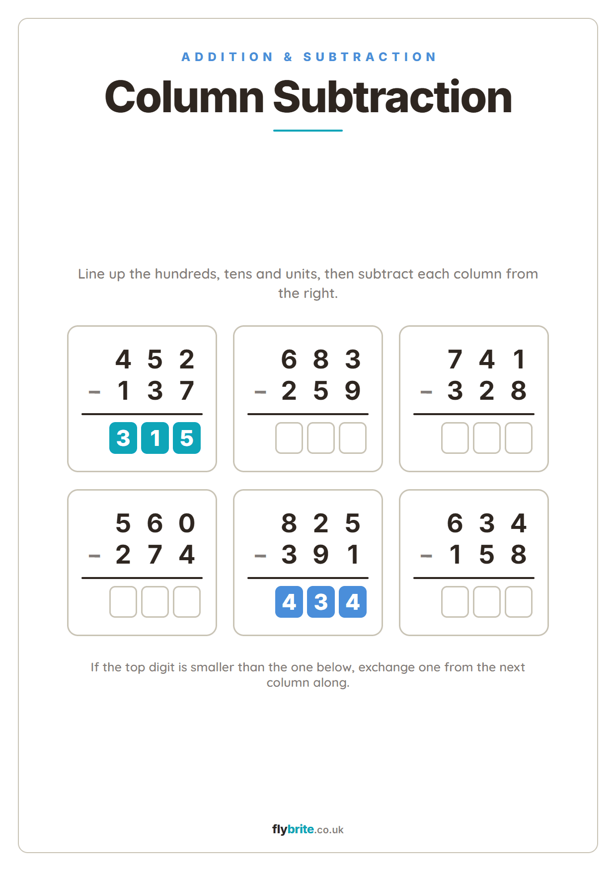 Column Subtraction printable preview