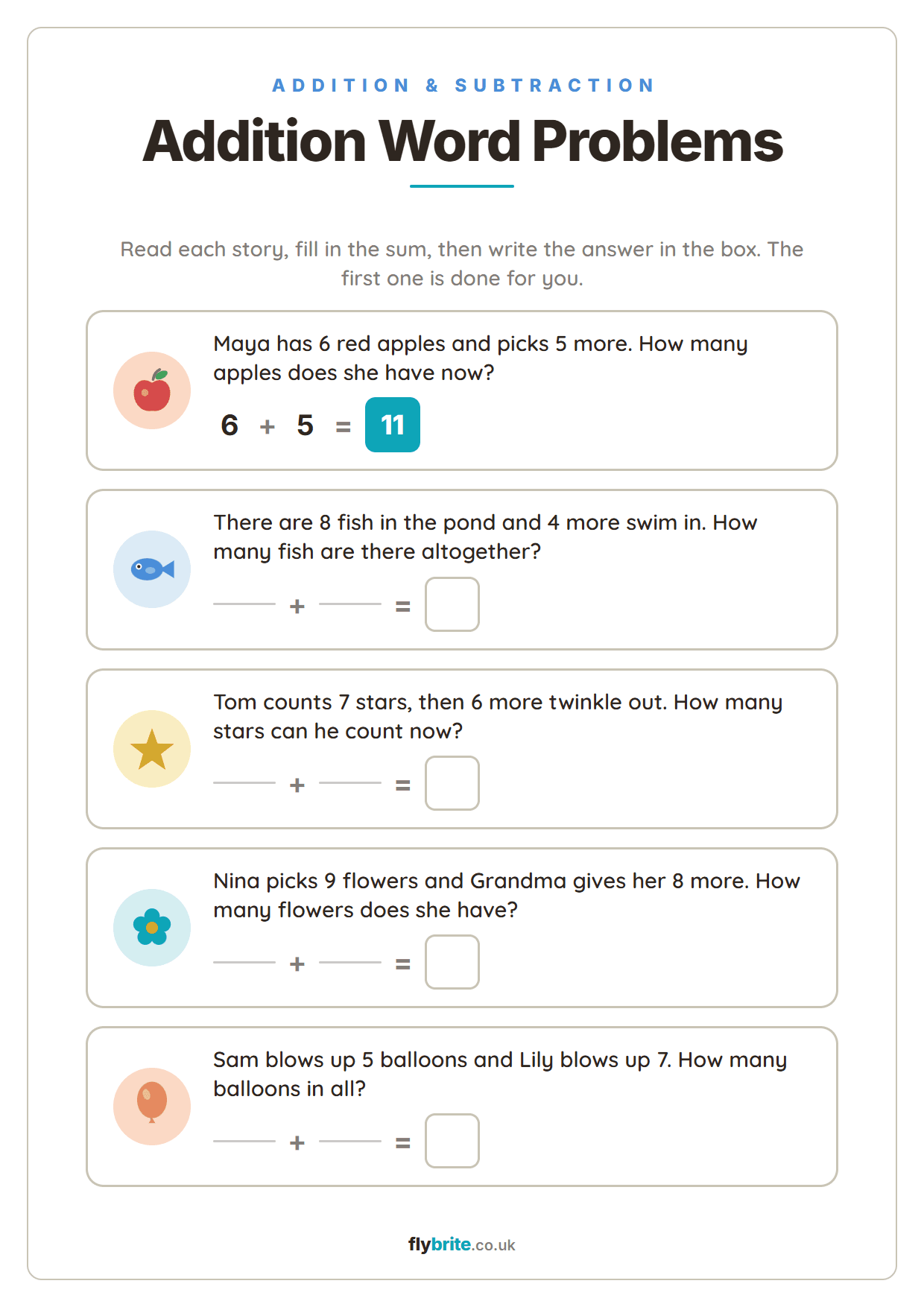 Addition Word Problems printable preview