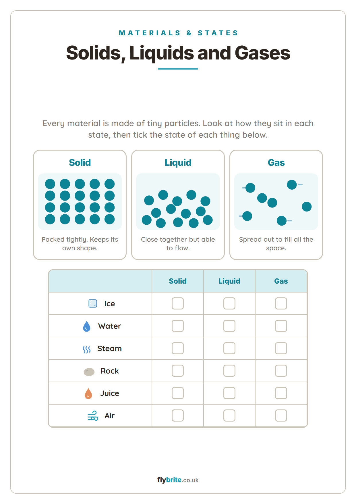 Solids, Liquids and Gases printable preview