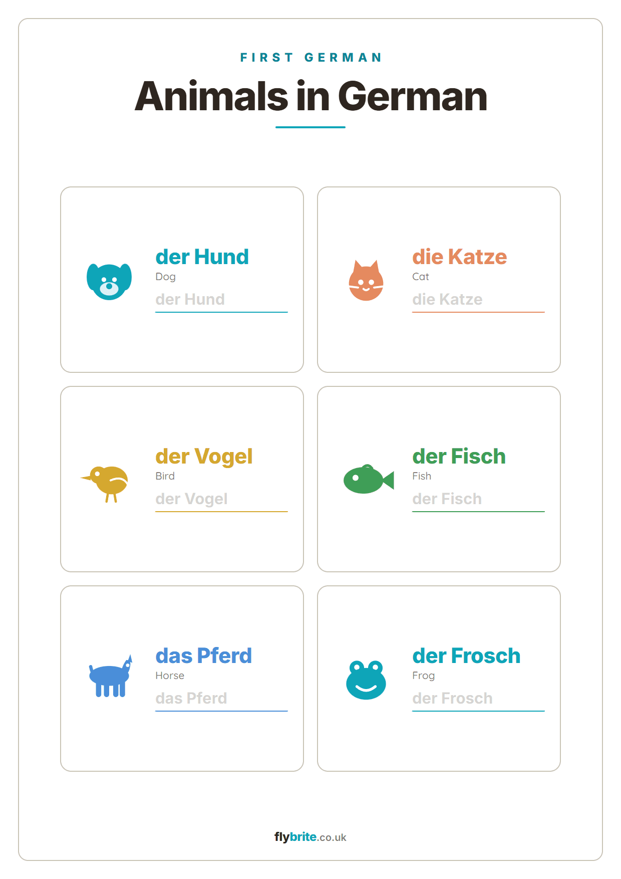 Animals in German printable preview