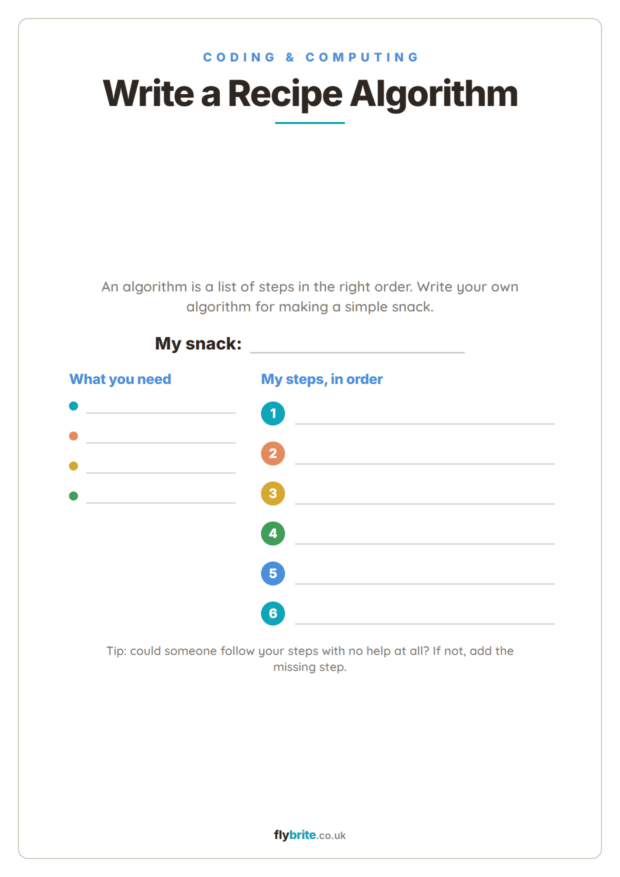Write a Recipe Algorithm printable preview