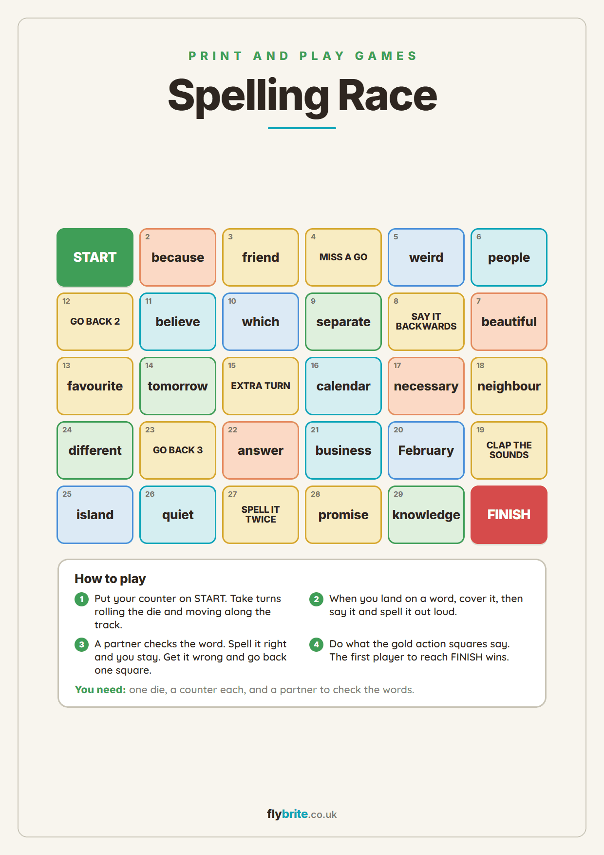 Spelling Race printable preview