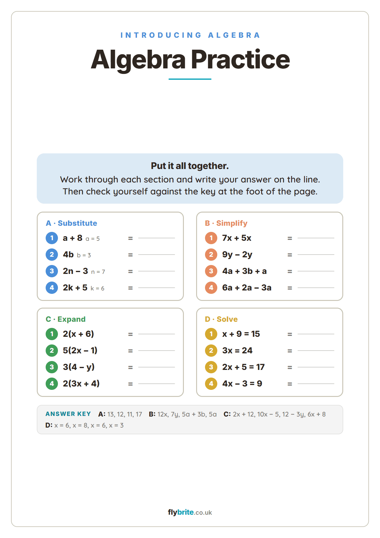 Algebra Practice printable preview