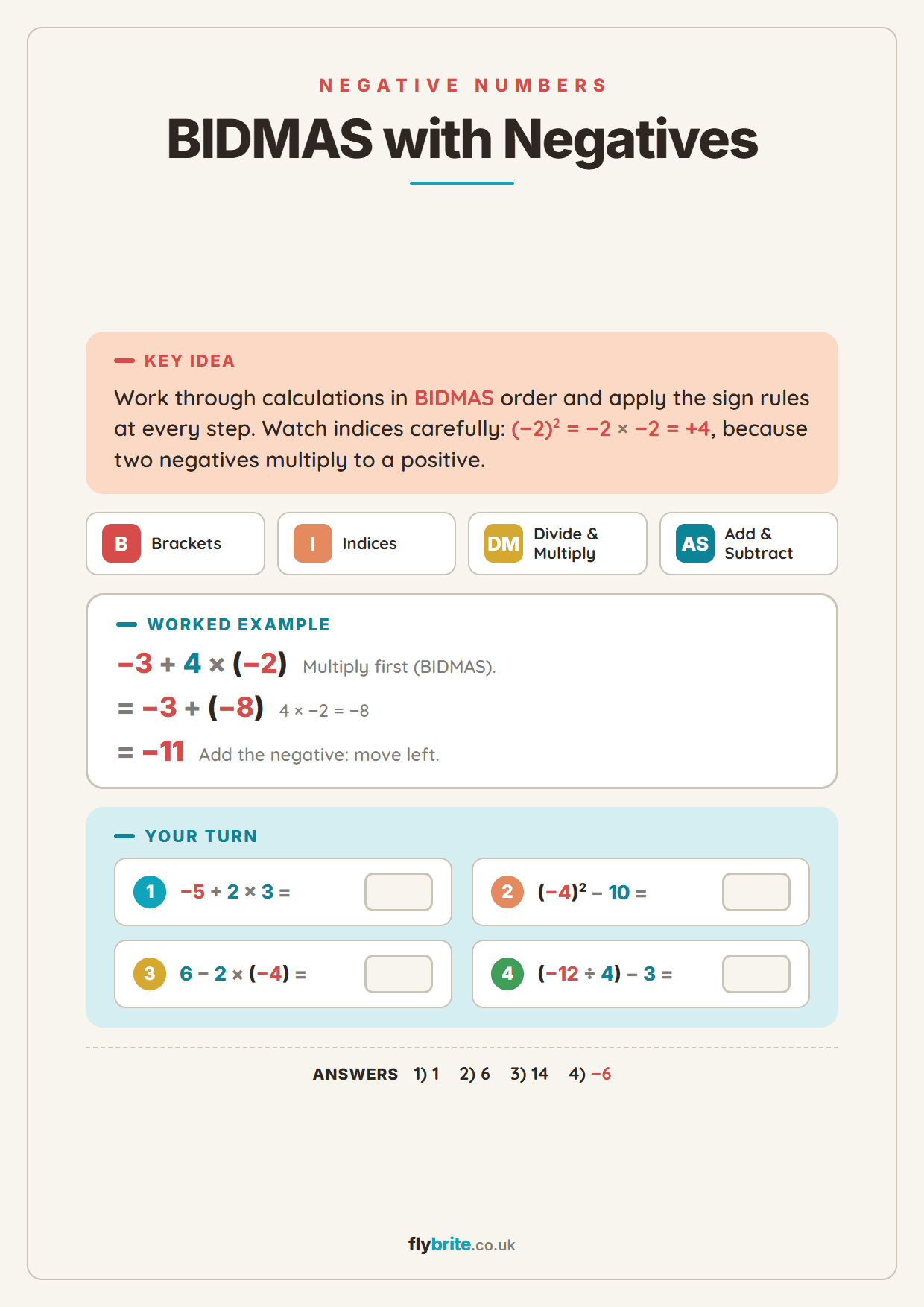 BIDMAS with Negatives printable preview