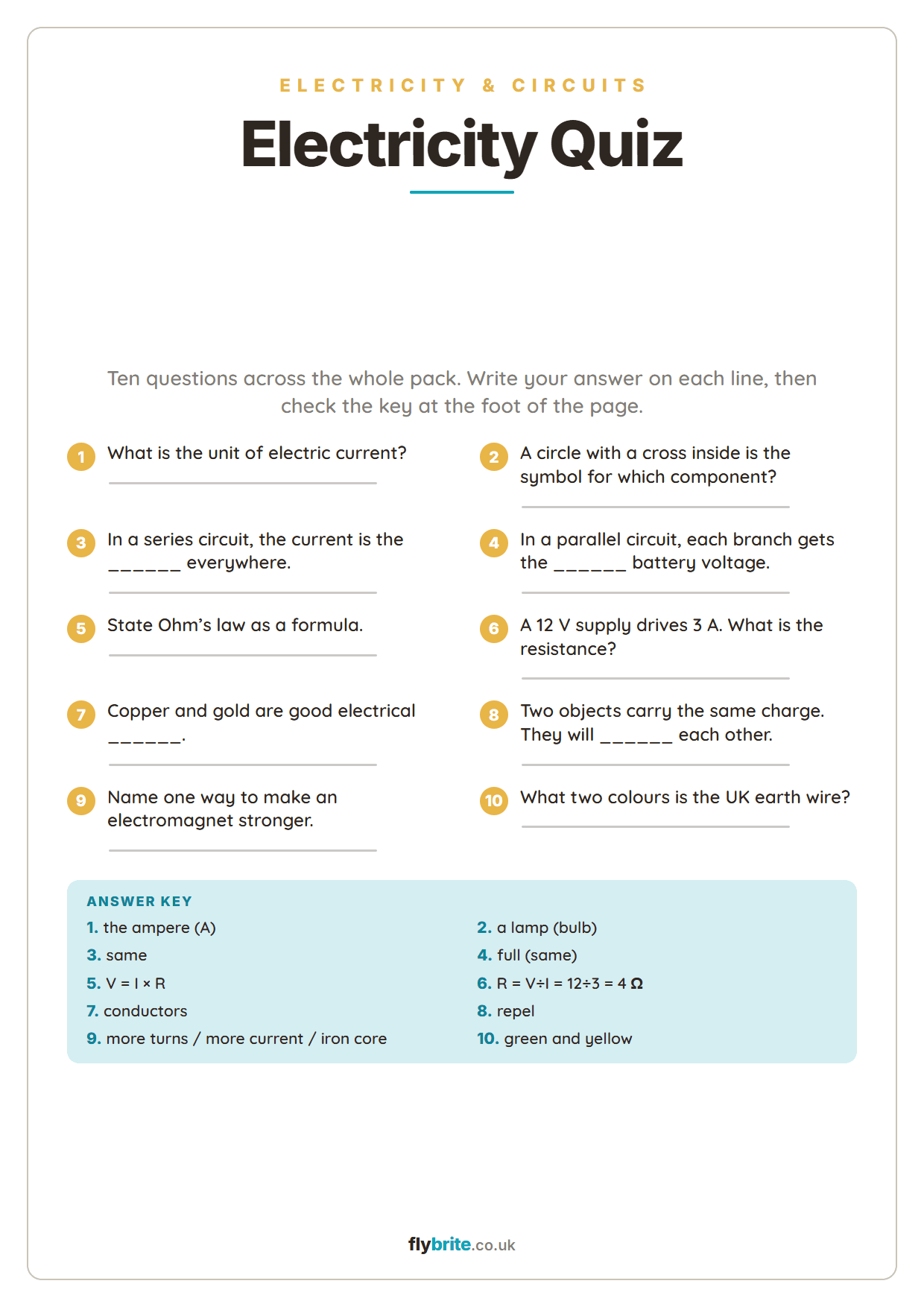Electricity Quiz printable preview
