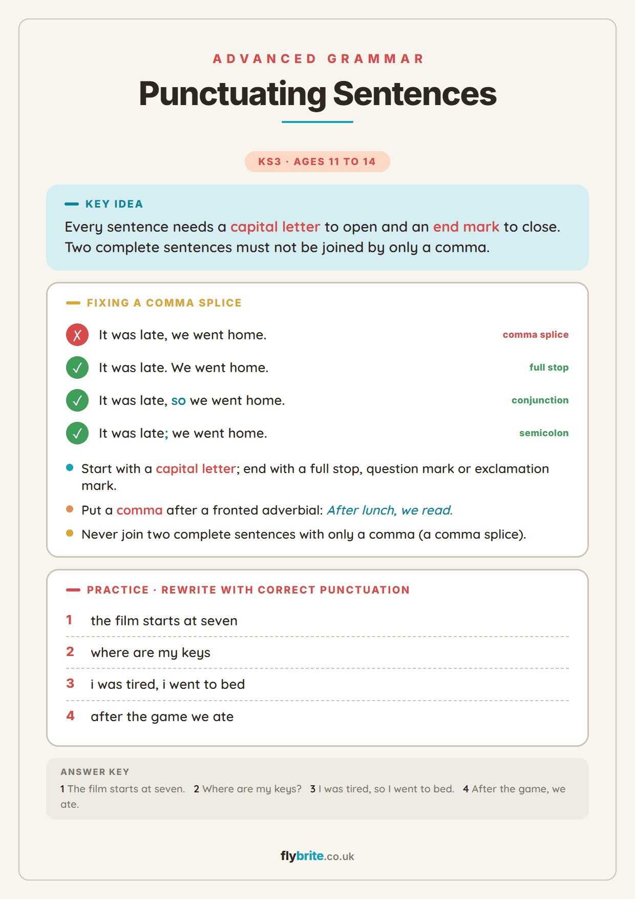 Punctuating Sentences printable preview