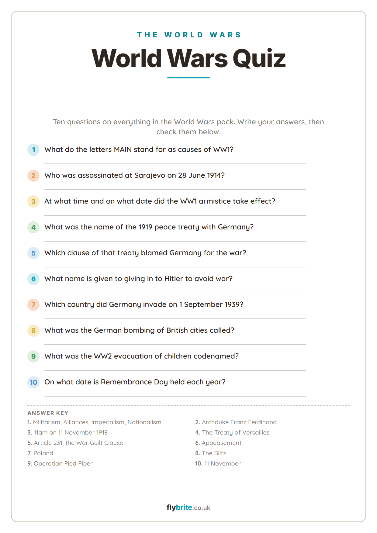 World Wars Quiz printable preview