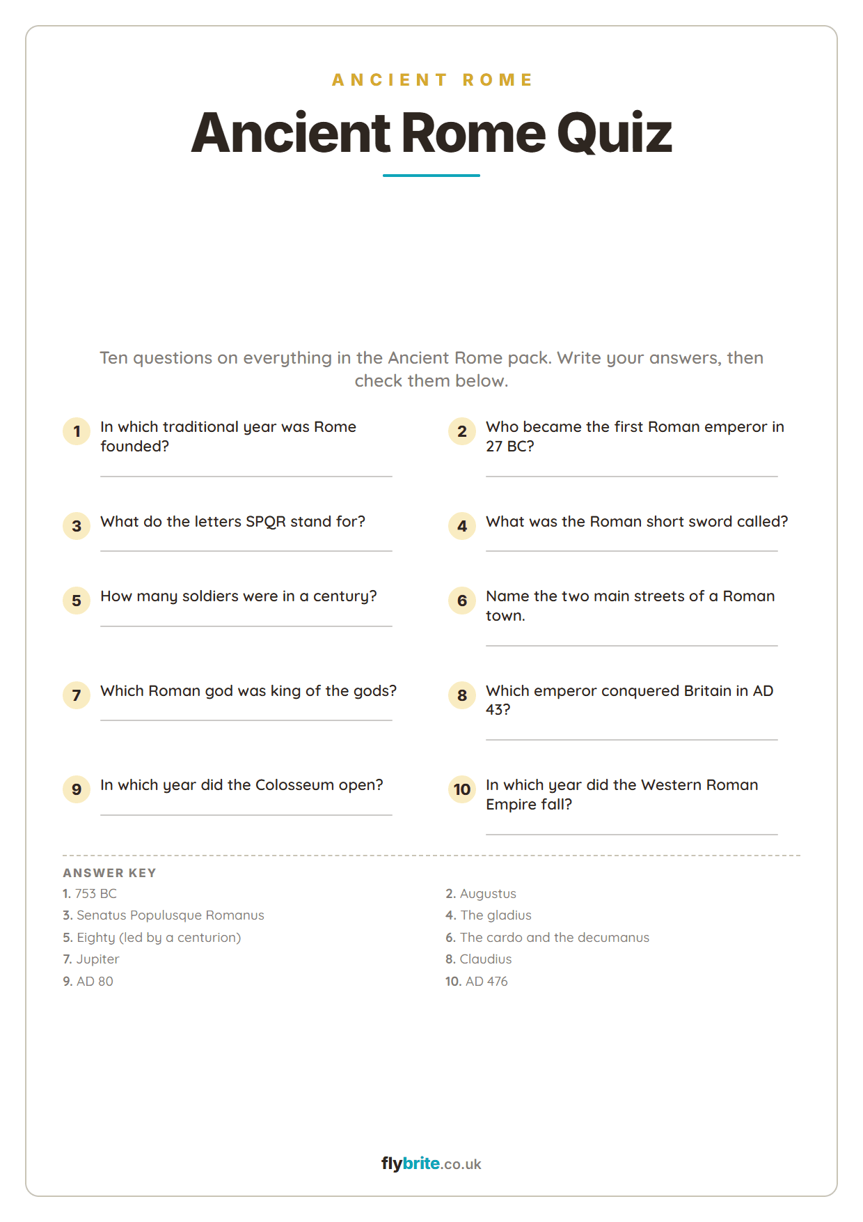 Ancient Rome Quiz printable preview