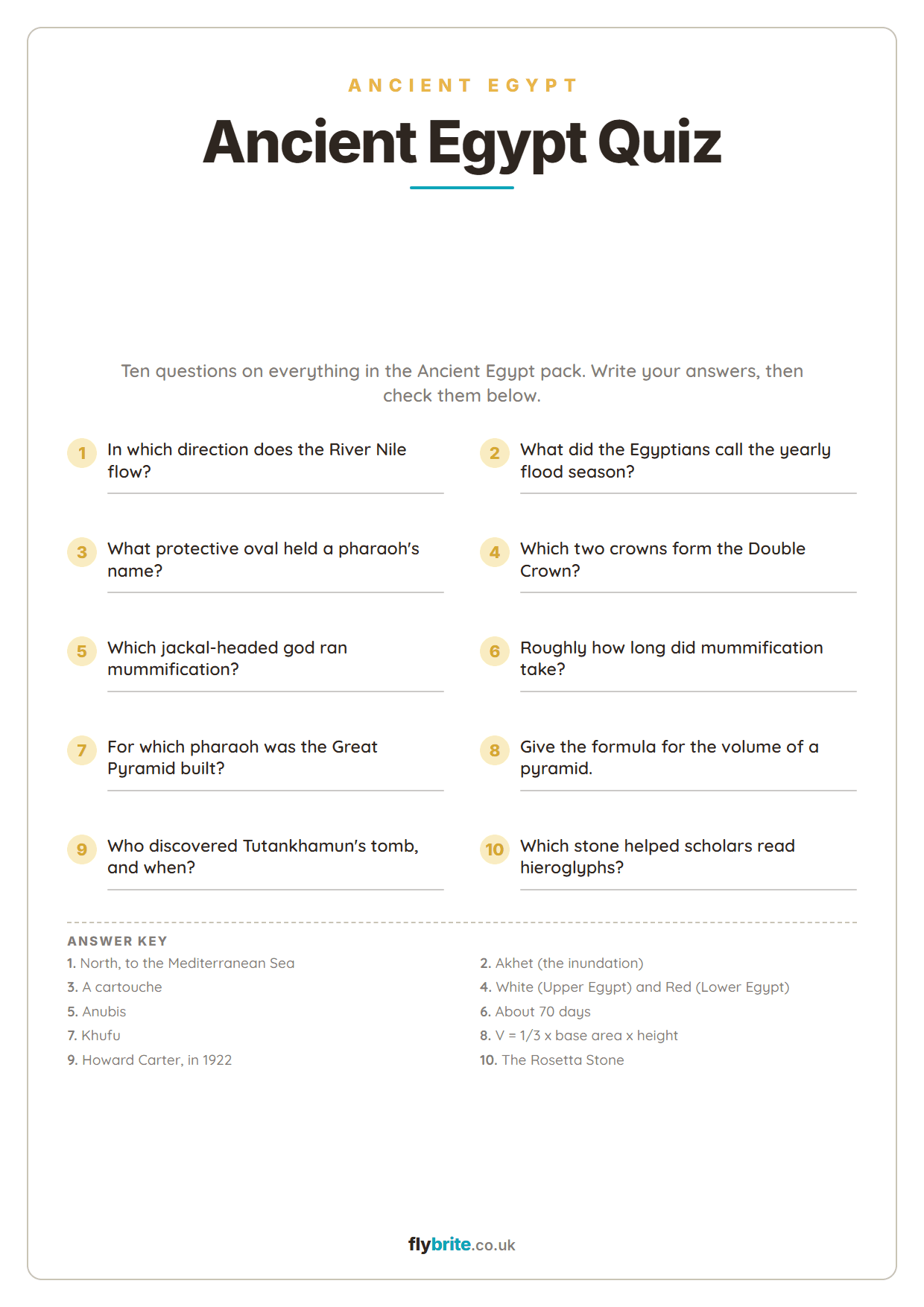 Ancient Egypt Quiz printable preview