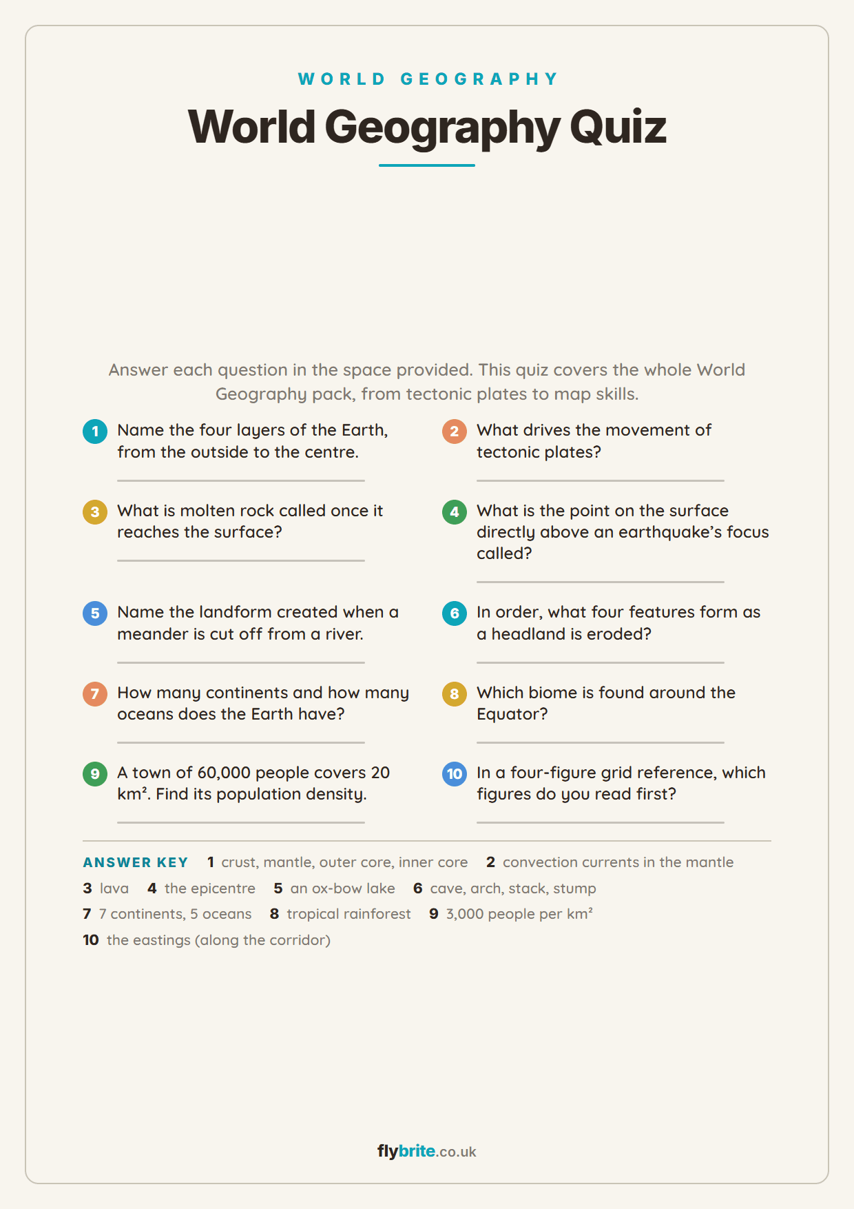 World Geography Quiz printable preview