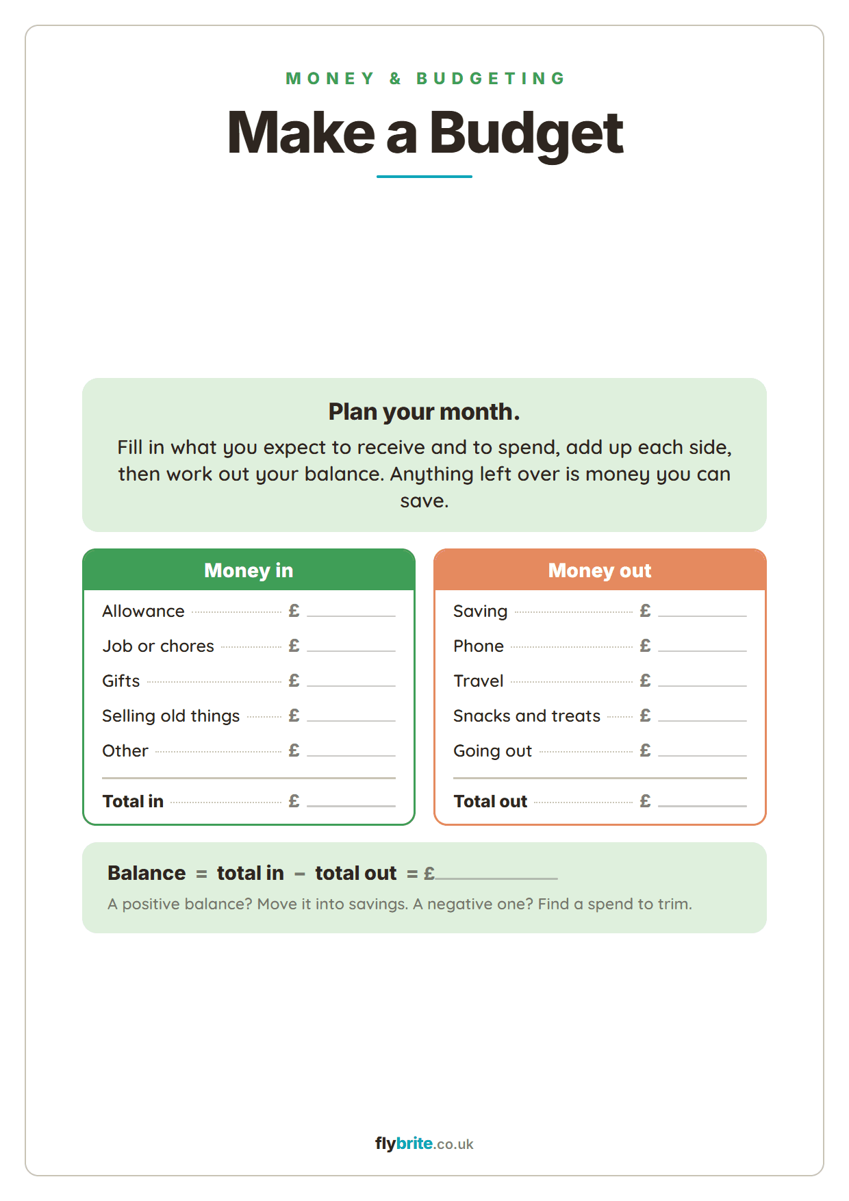 Make a Budget printable preview