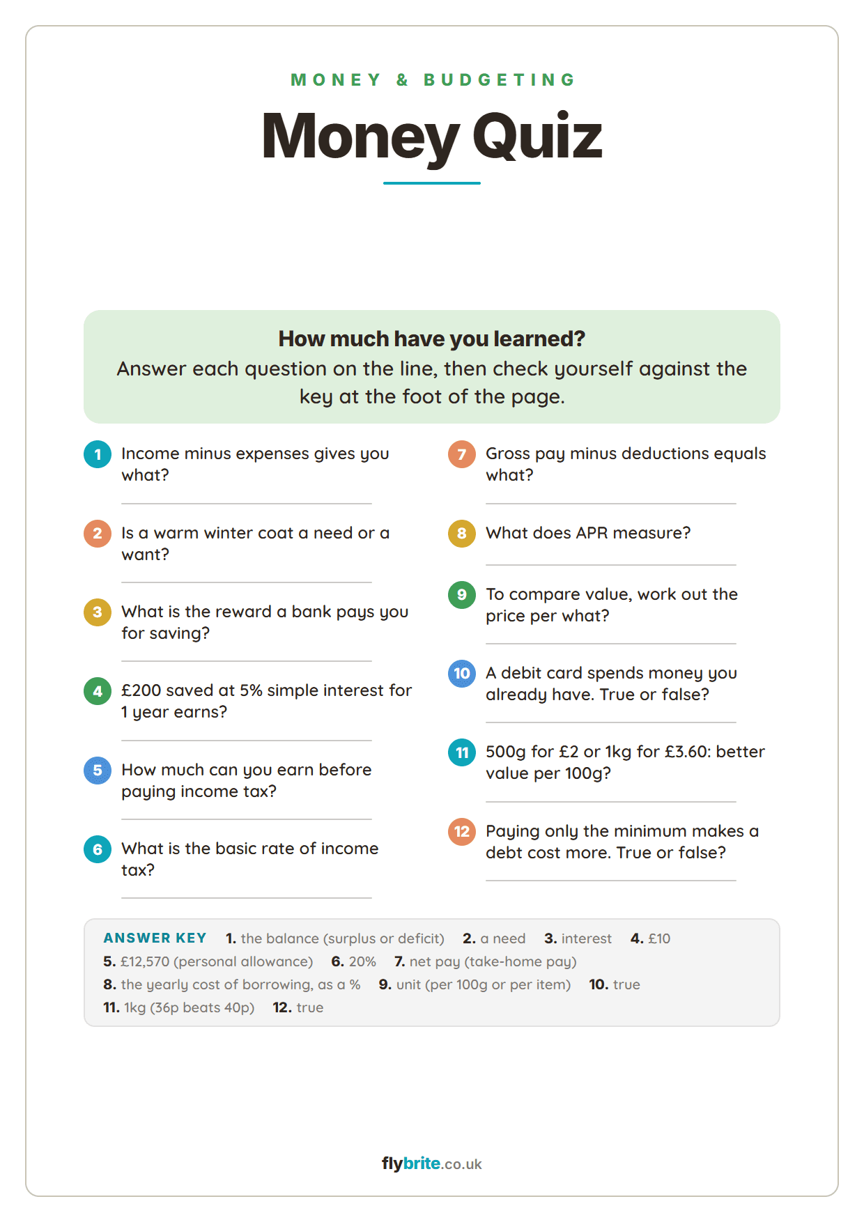 Money Quiz printable preview