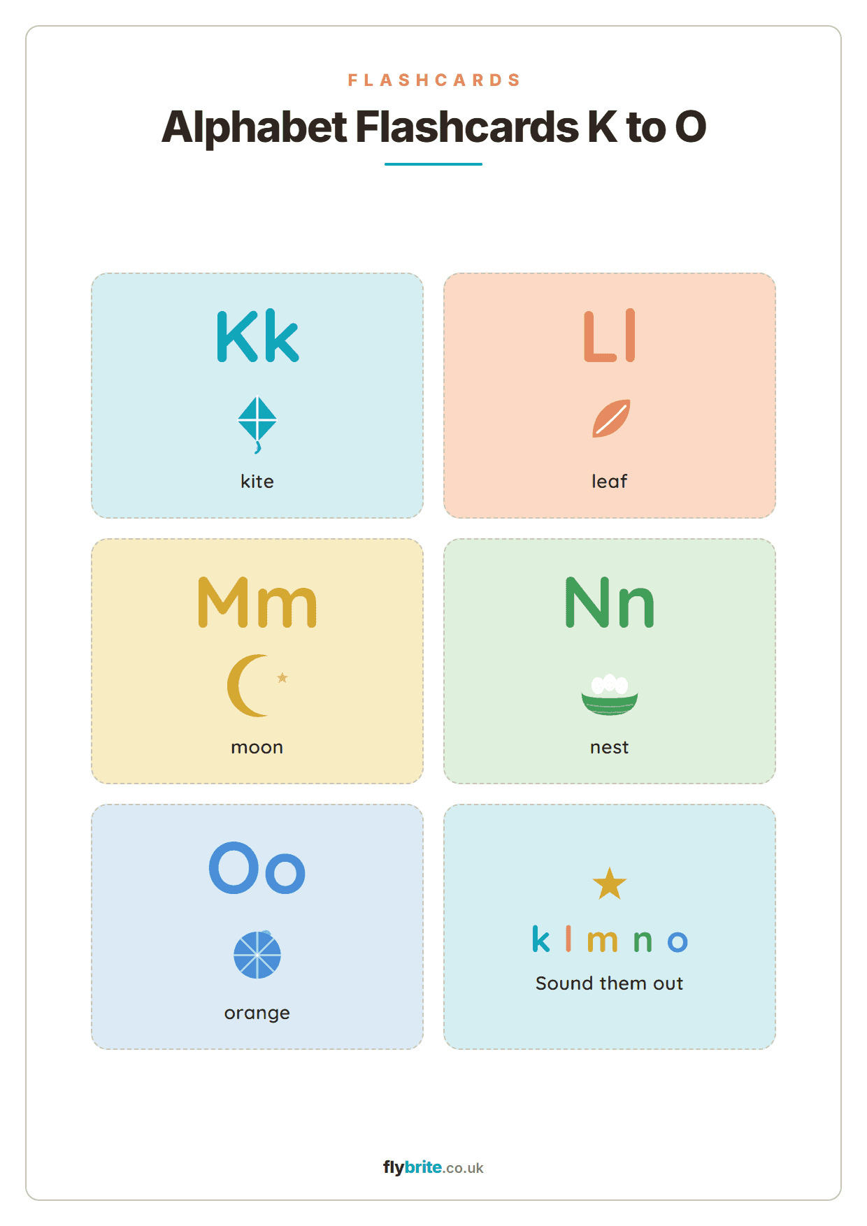 Alphabet Flashcards K to O printable preview