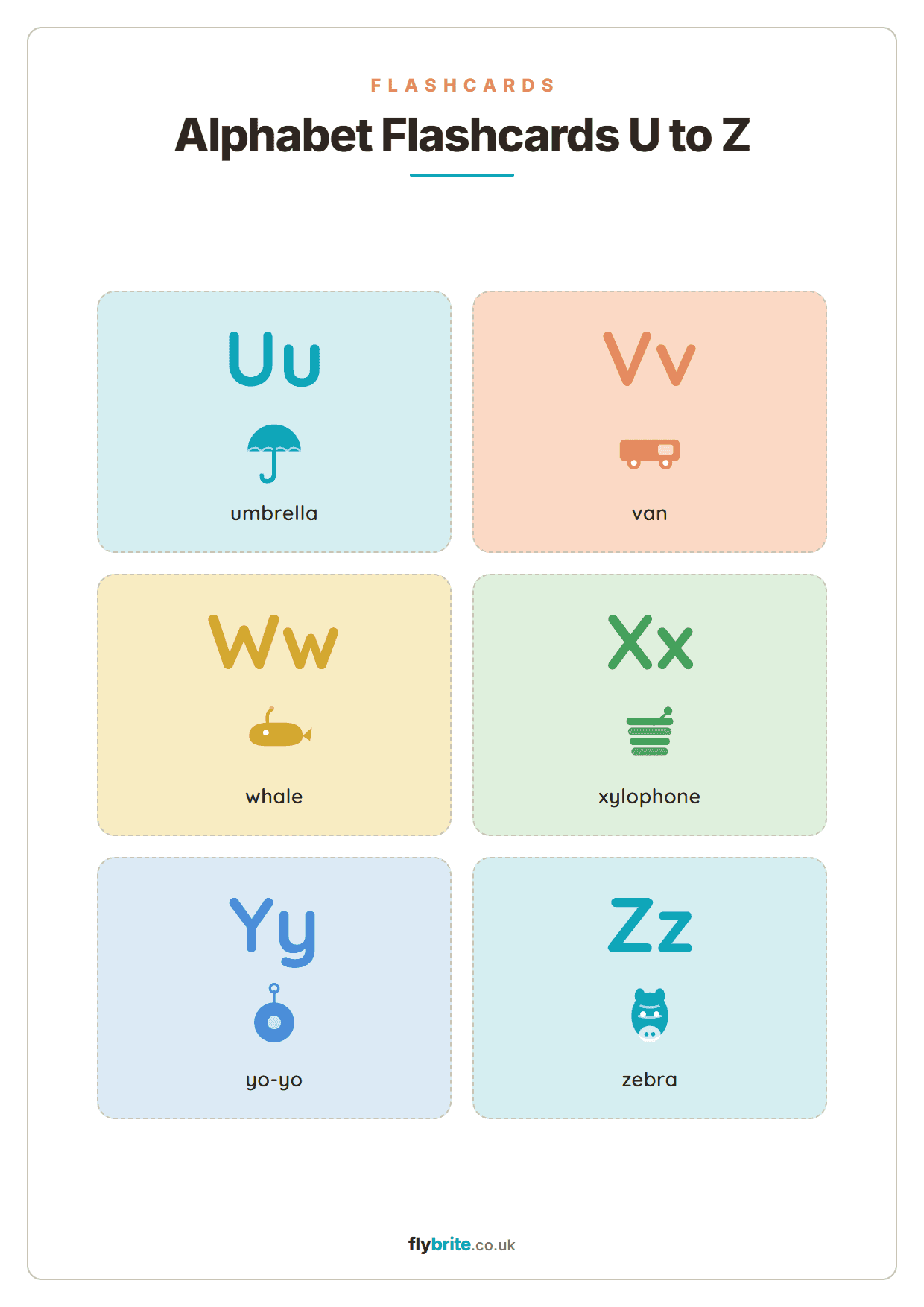 Alphabet Flashcards U to Z printable preview