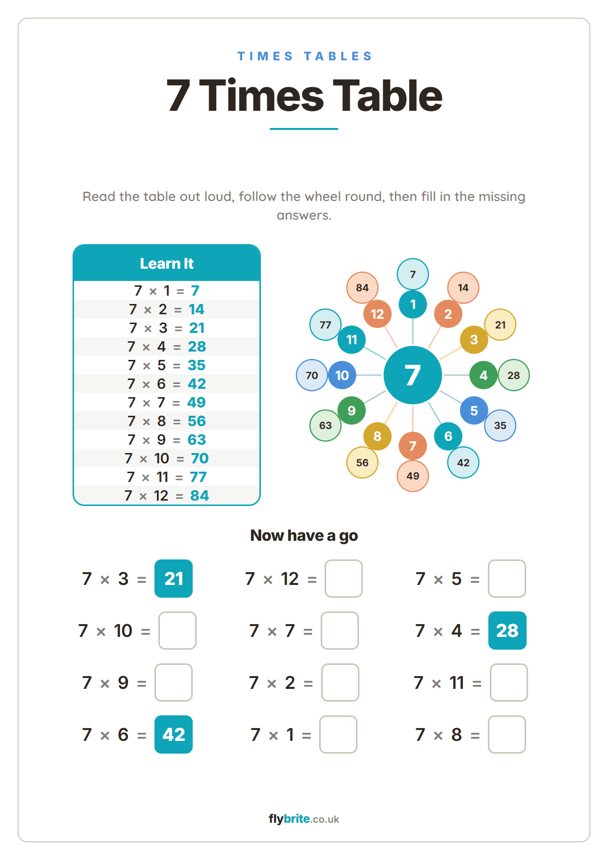 7 Times Table printable preview