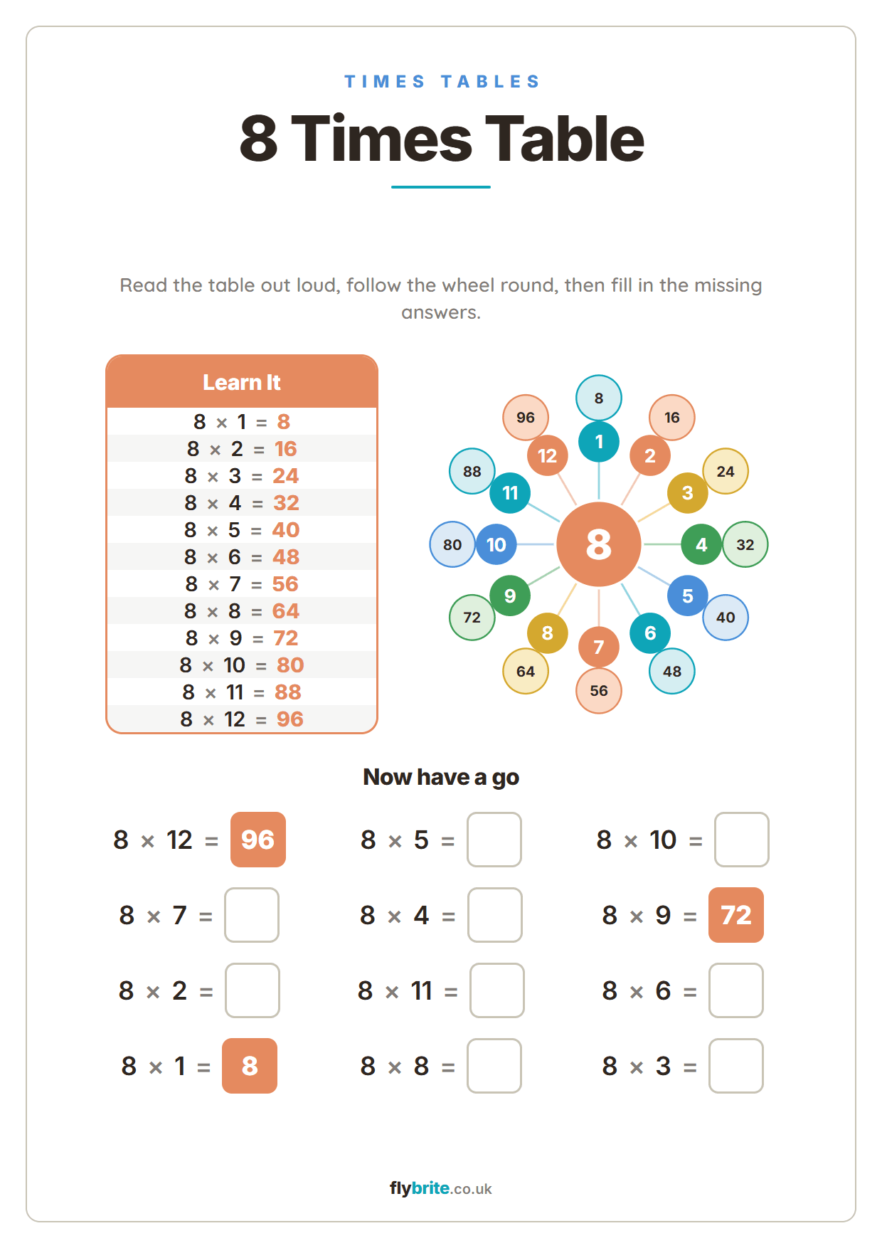 8 Times Table printable preview