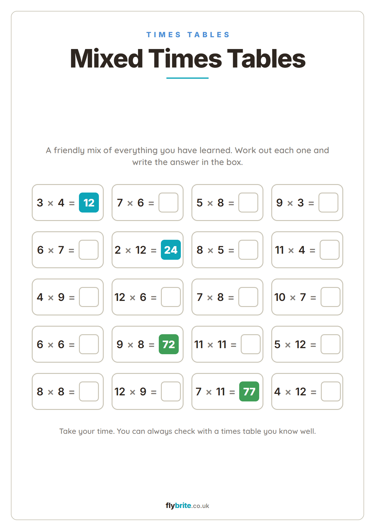 Mixed Times Tables printable preview