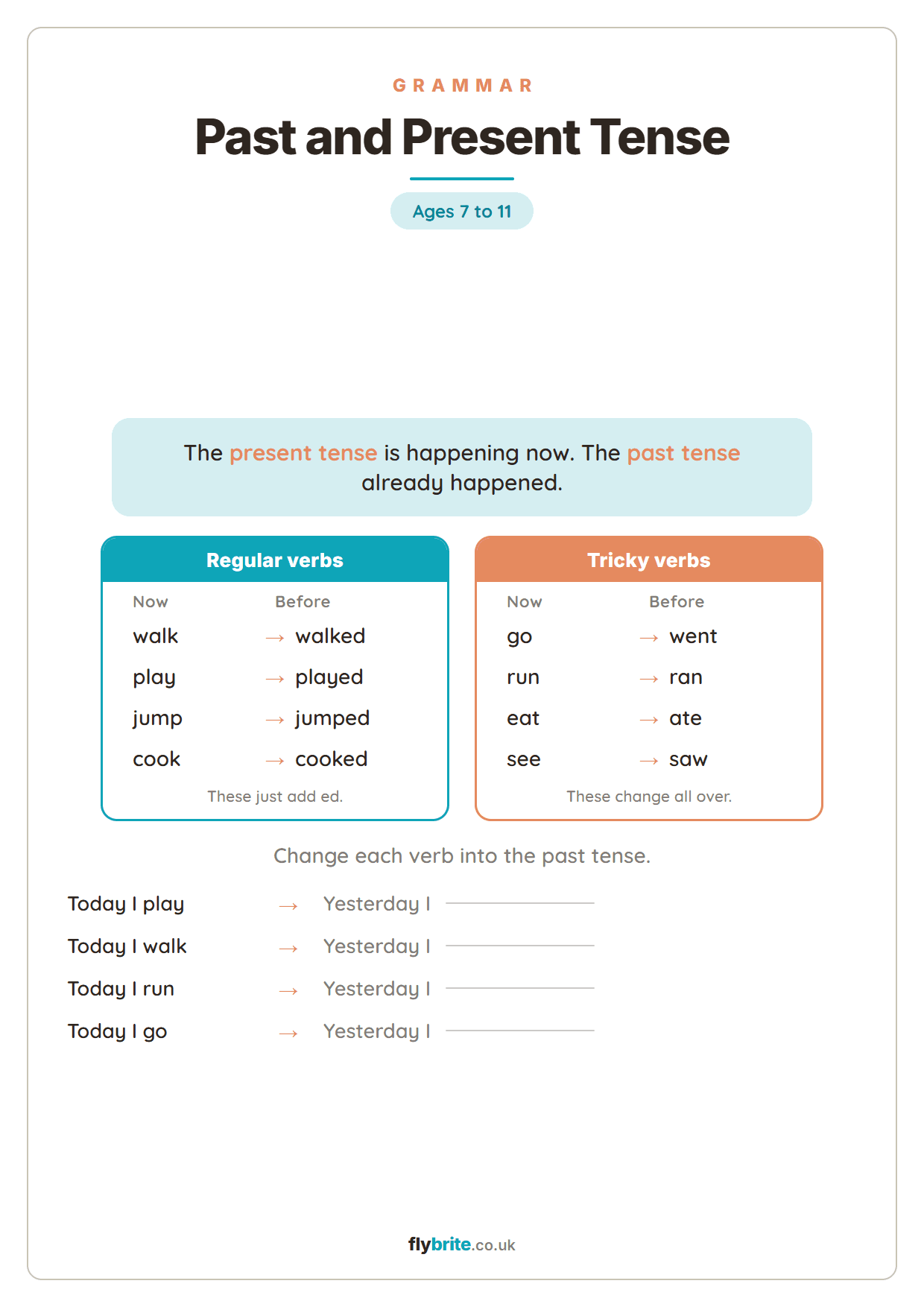 Past and Present Tense printable preview