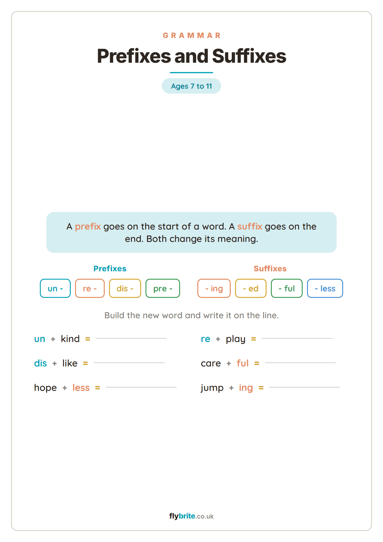 Prefixes and Suffixes printable preview