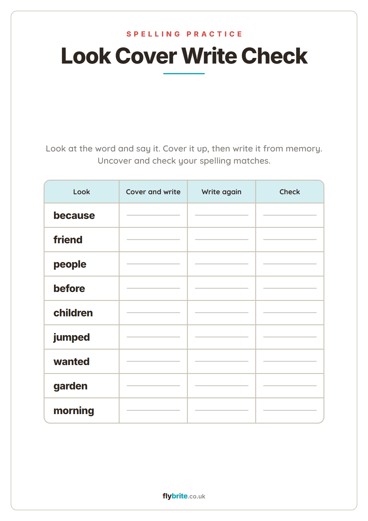 Look Cover Write Check printable preview