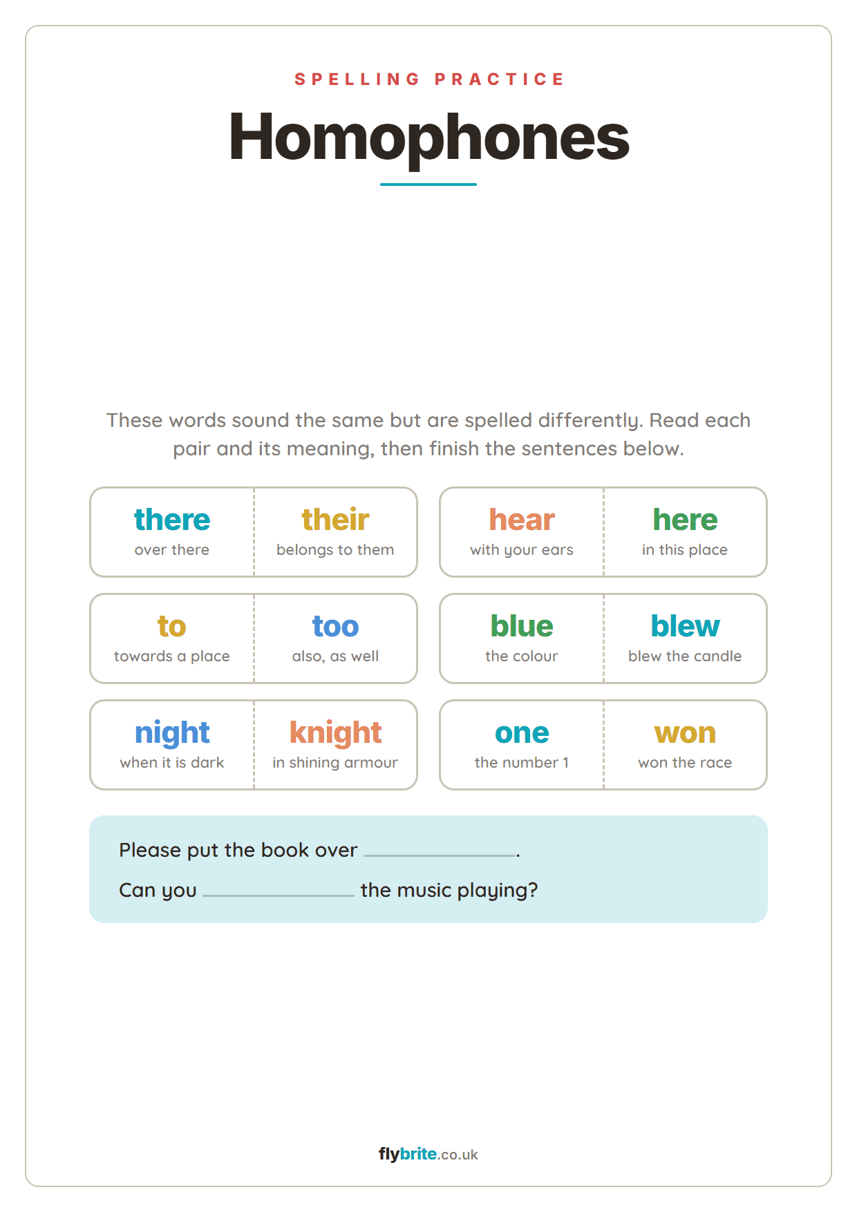 Homophones printable preview