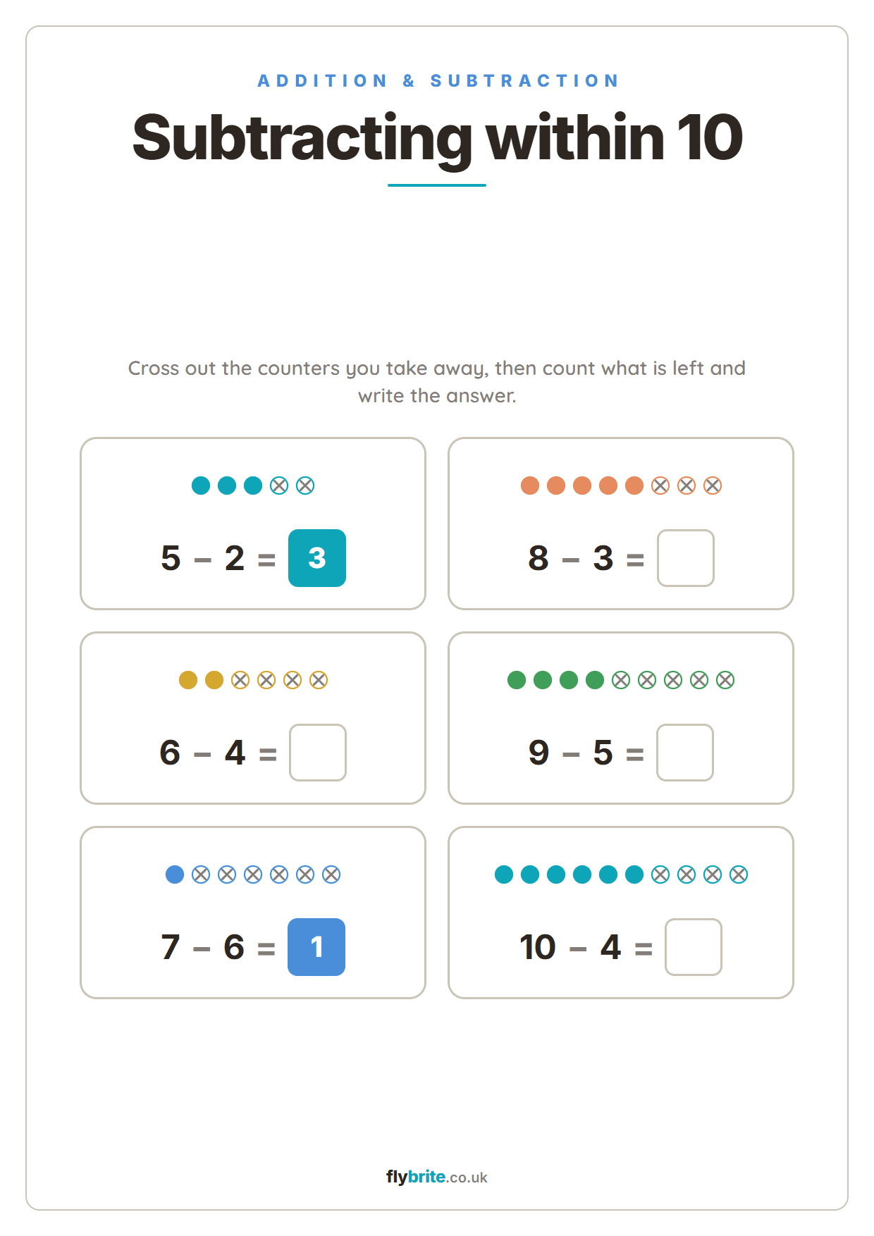Subtracting within 10 printable preview