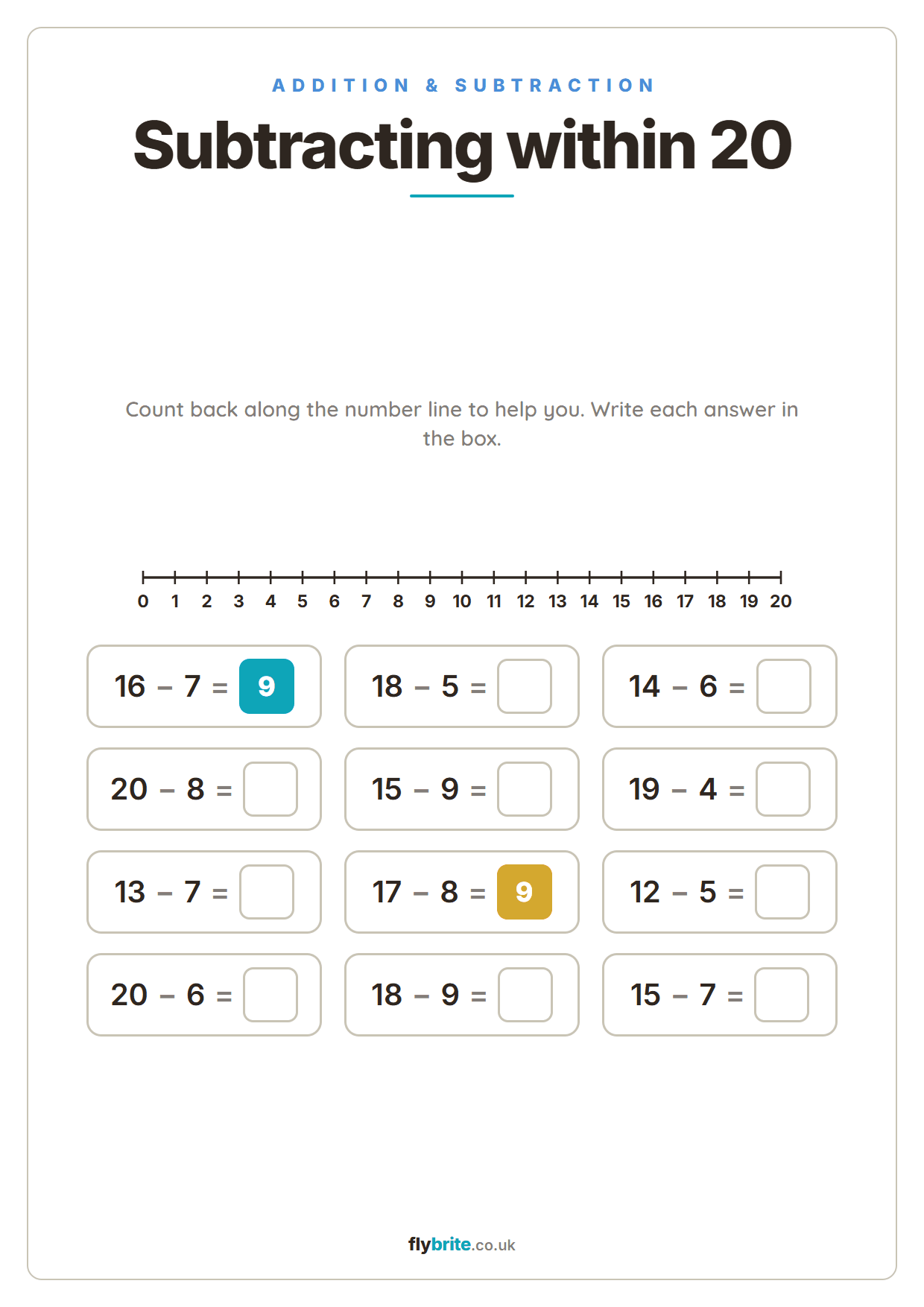 Subtracting within 20 printable preview