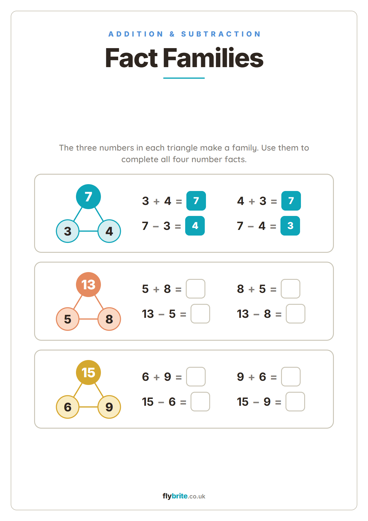 Fact Families printable preview