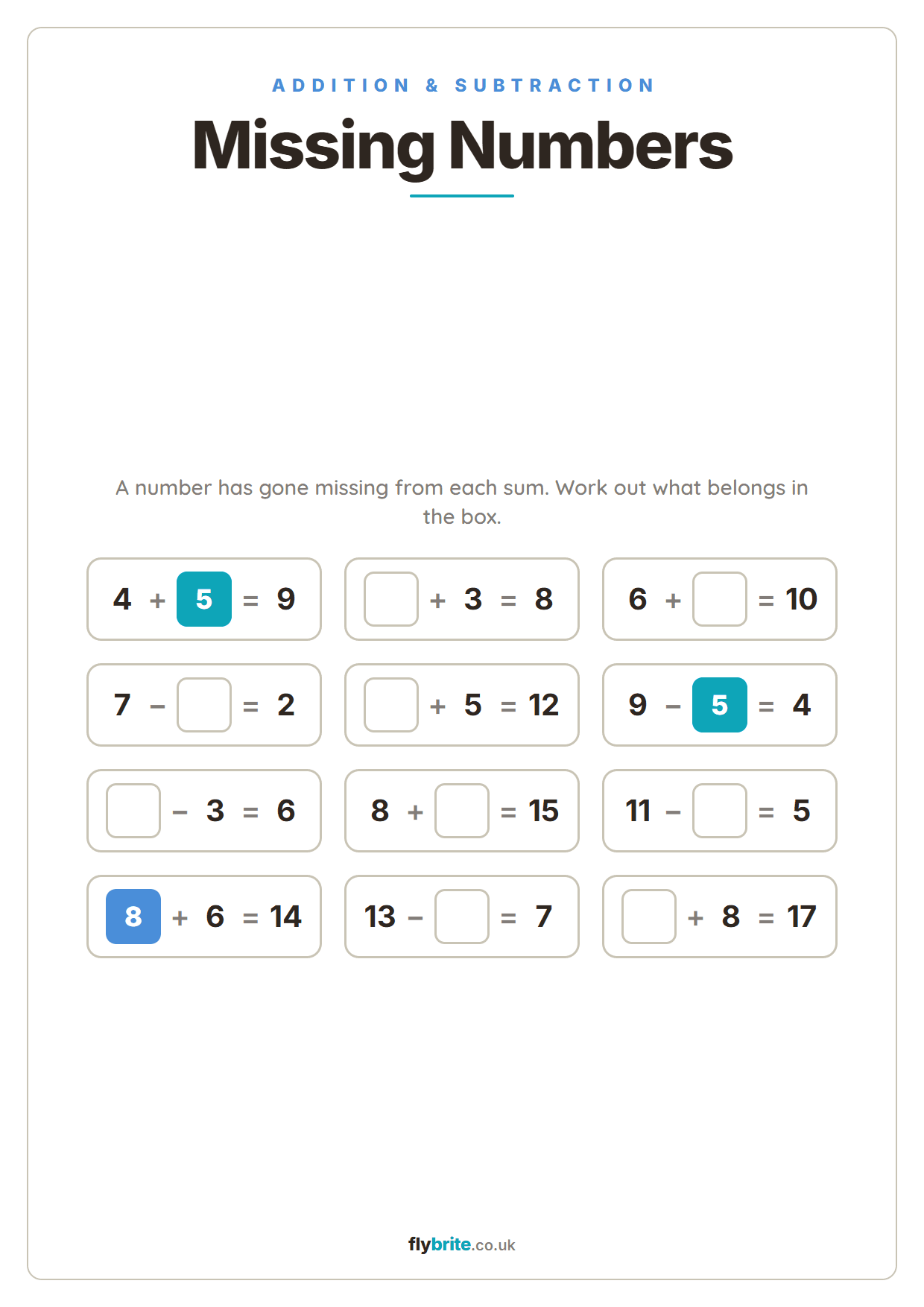 Missing Numbers printable preview