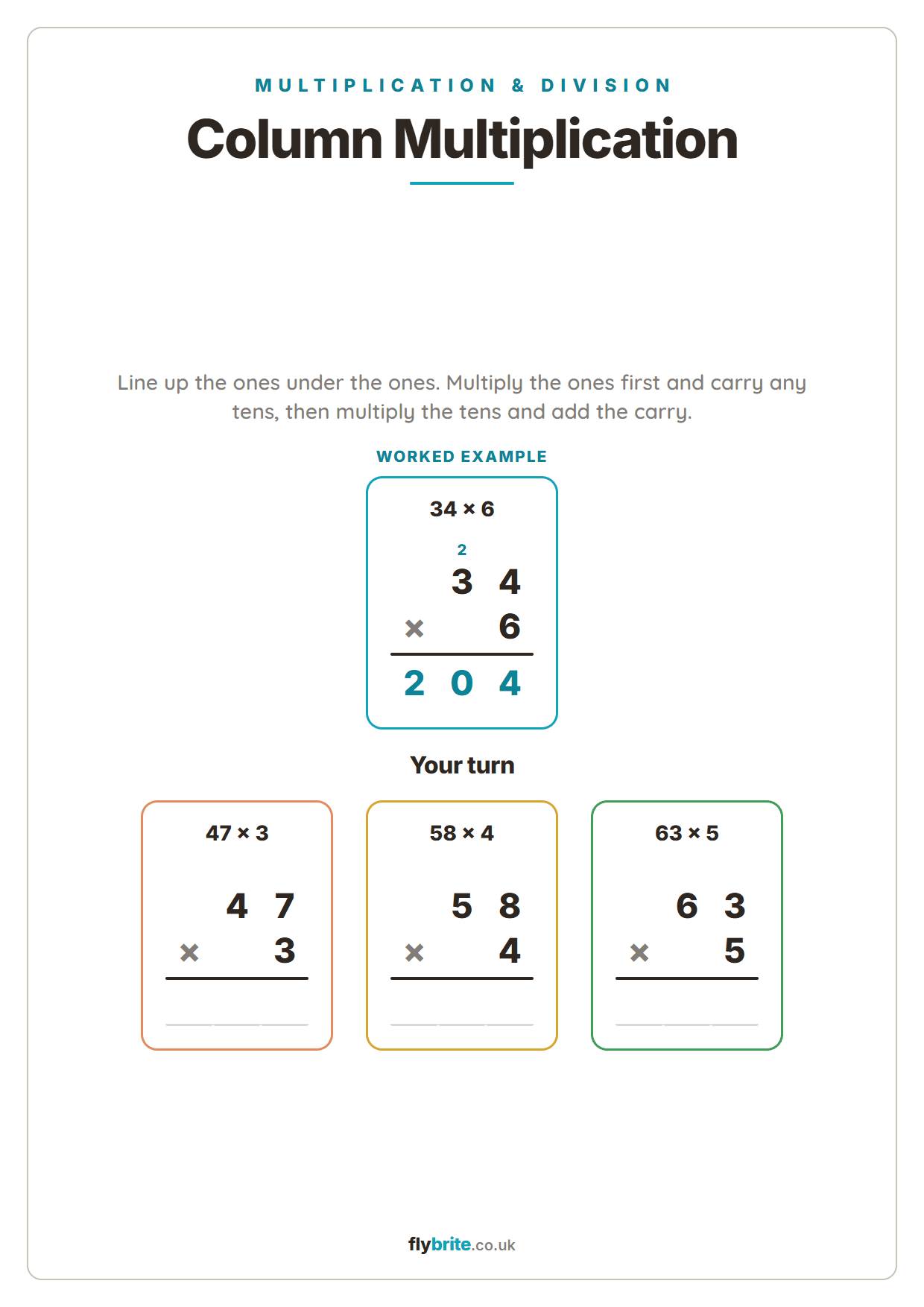 Column Multiplication printable preview