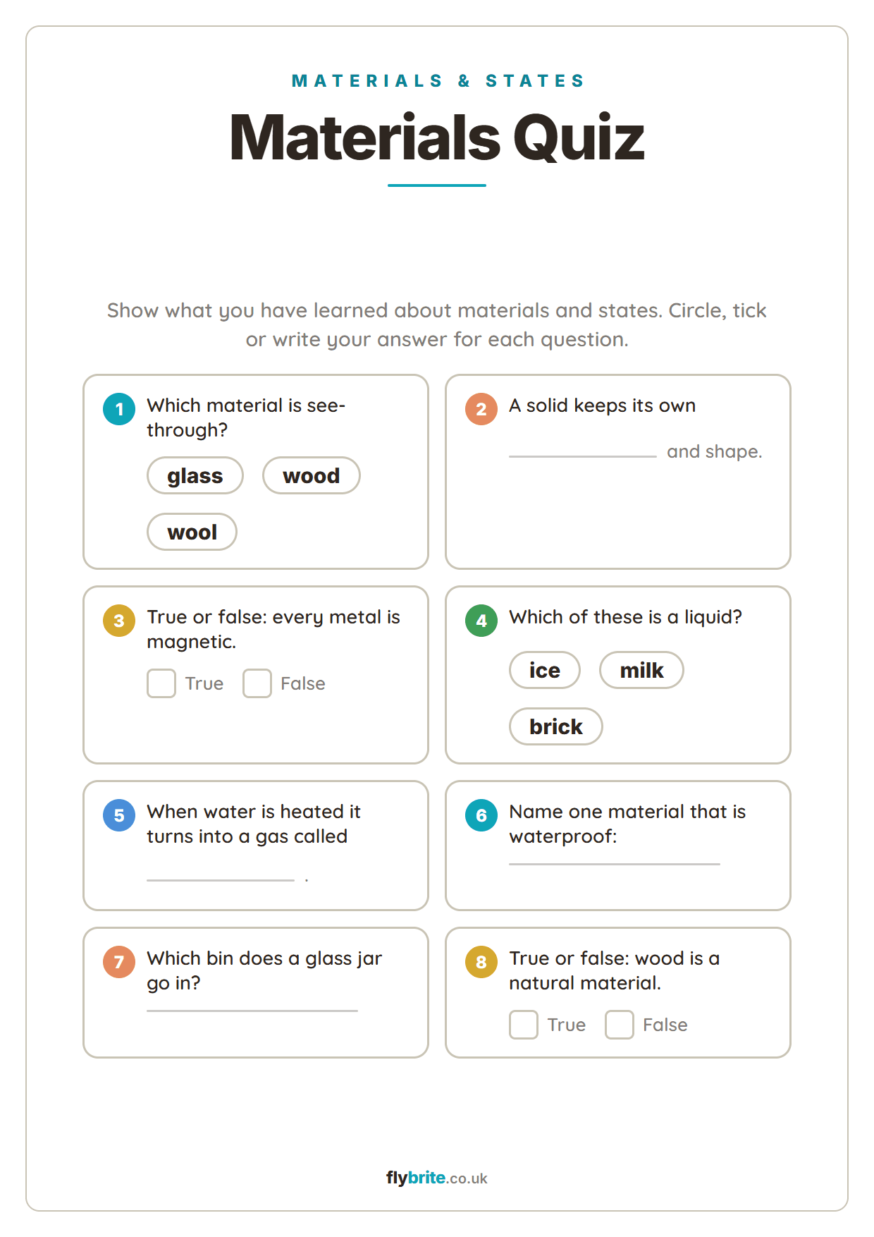 Materials Quiz printable preview