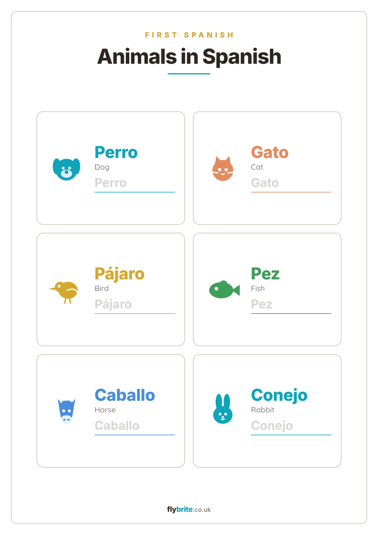 Animals in Spanish printable preview