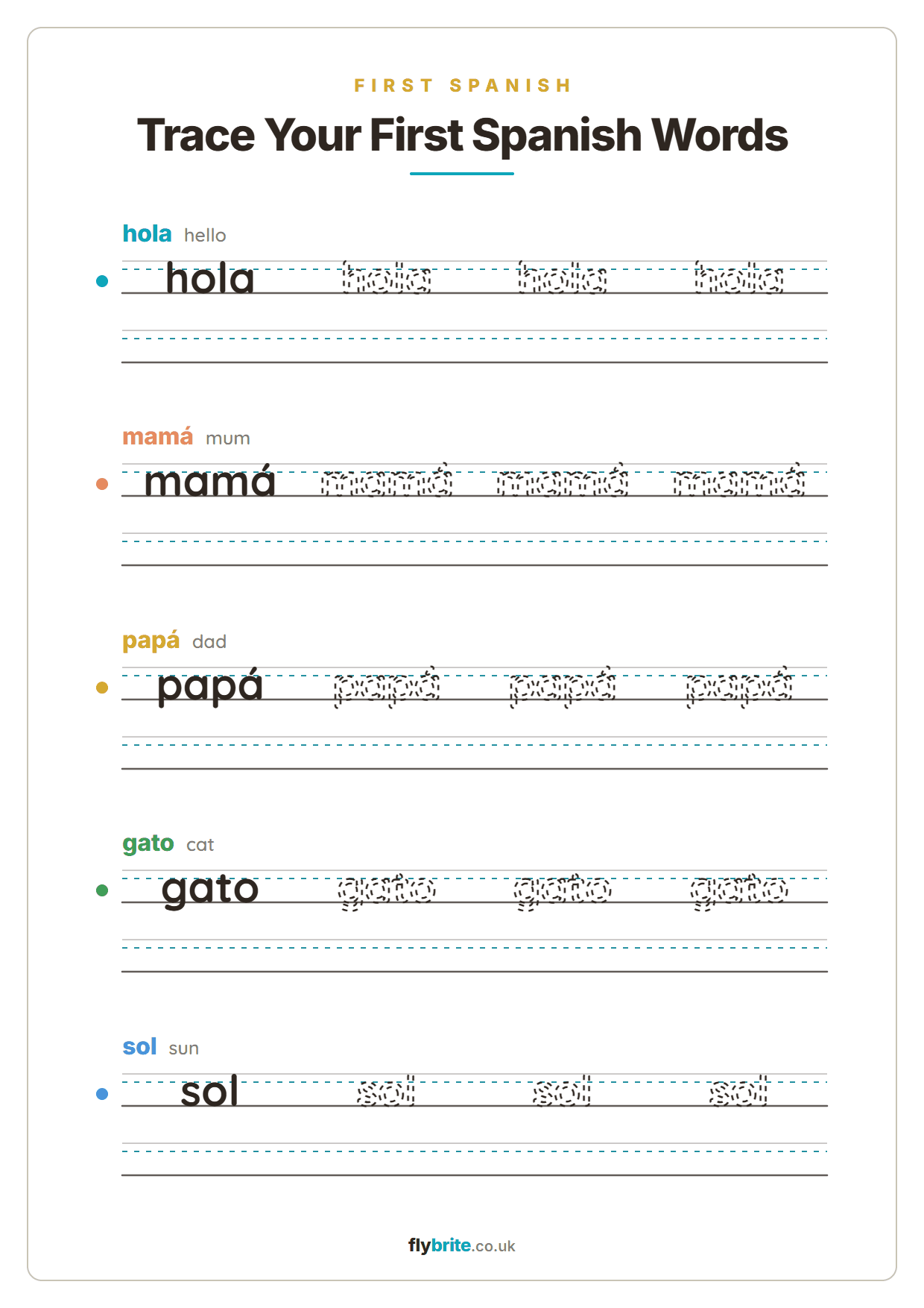 Trace Your First Spanish Words printable preview