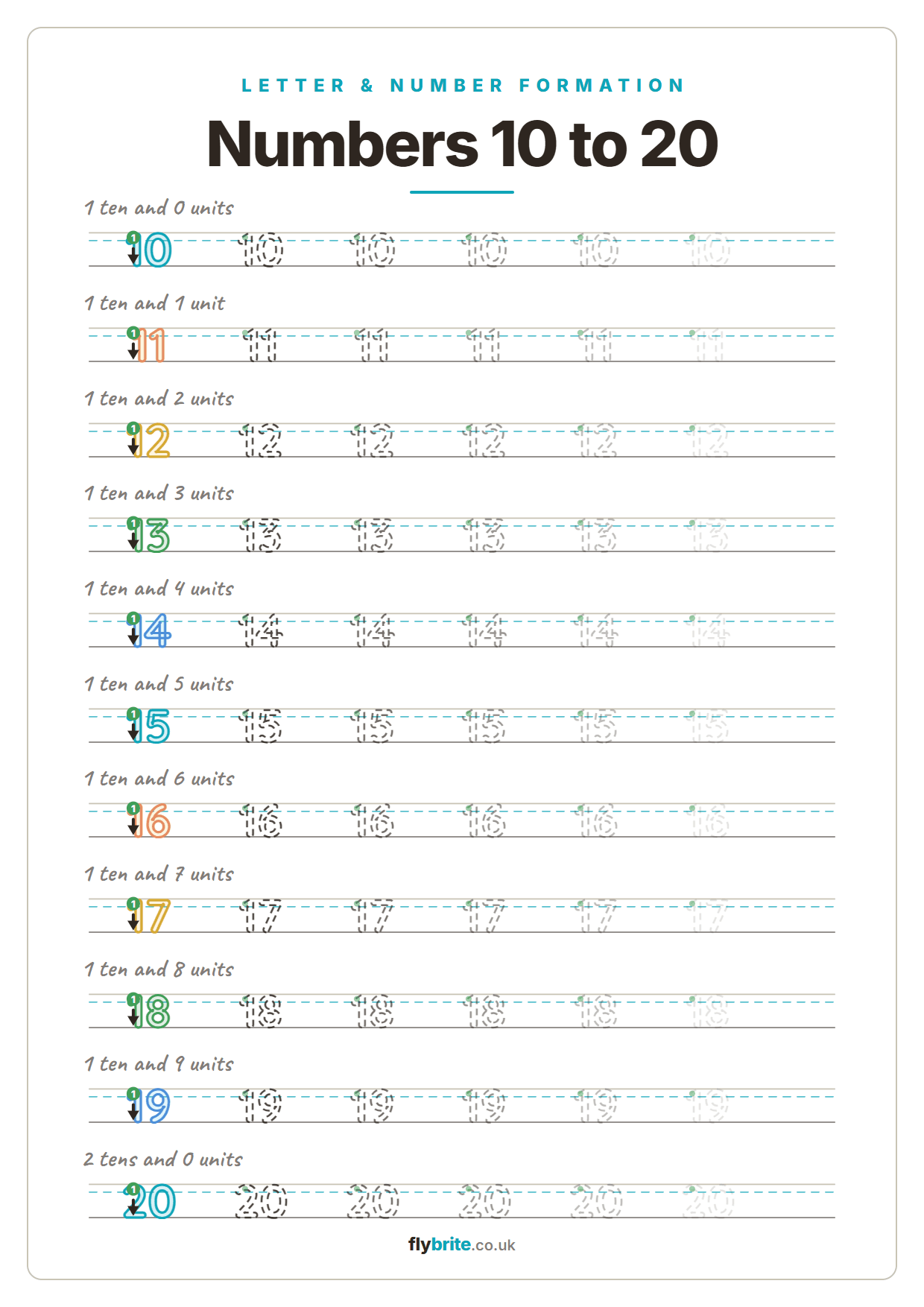 Numbers 10 to 20 printable preview