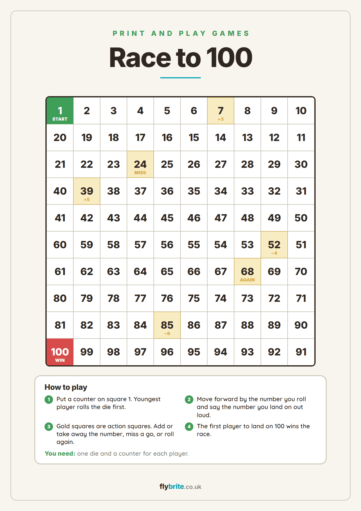 Race to 100 printable preview