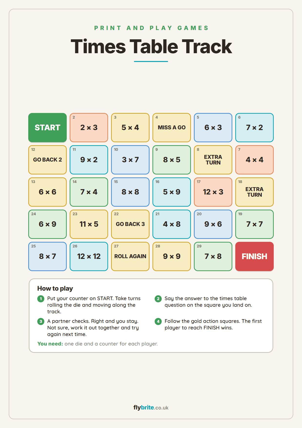 Times Table Track printable preview