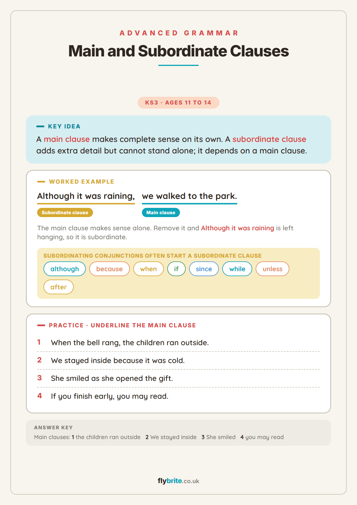 Main and Subordinate Clauses printable preview
