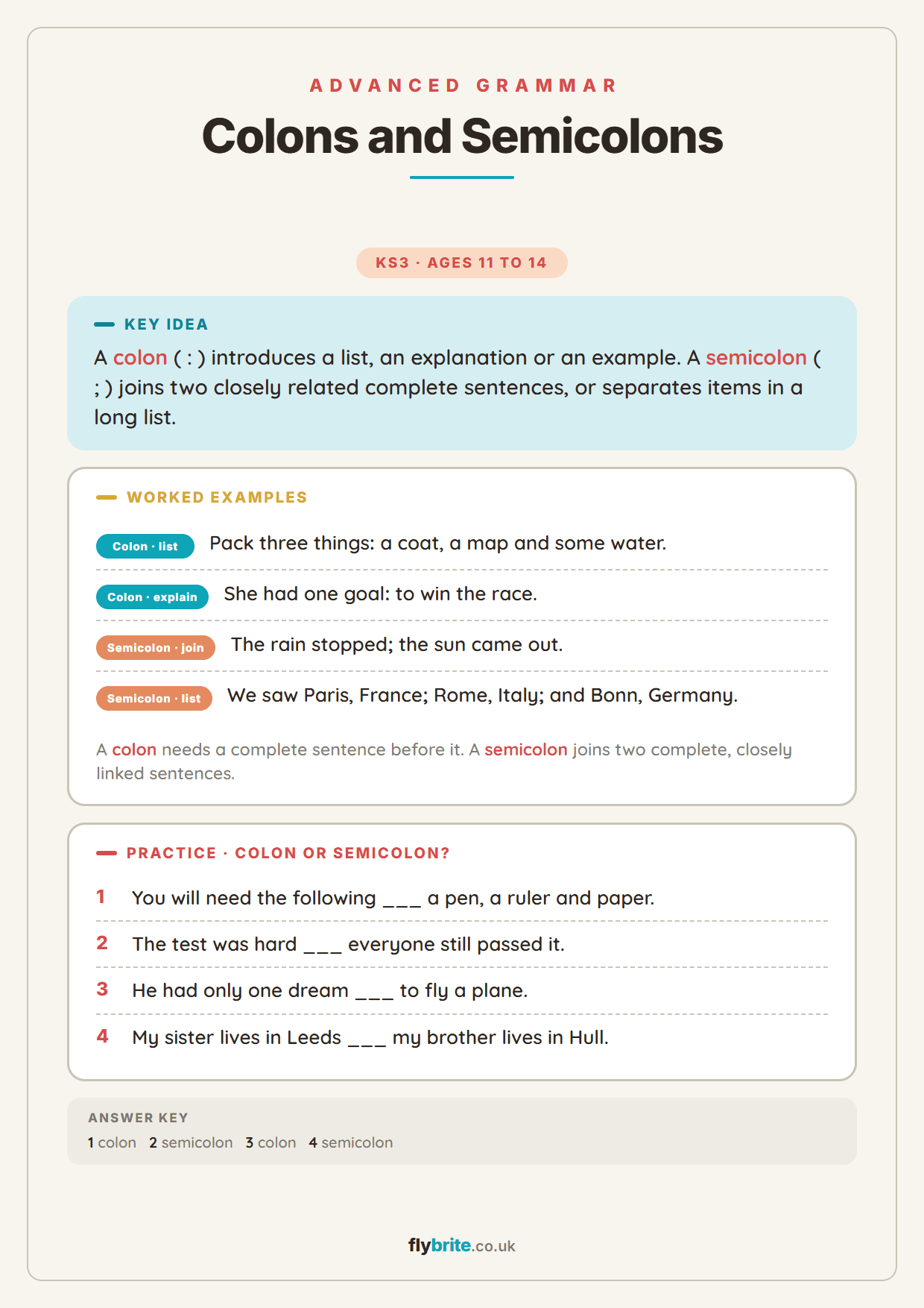 Colons and Semicolons printable preview